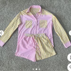 Two piece casual shorts & long sleeve button top pink yellow stripe 100% cotton